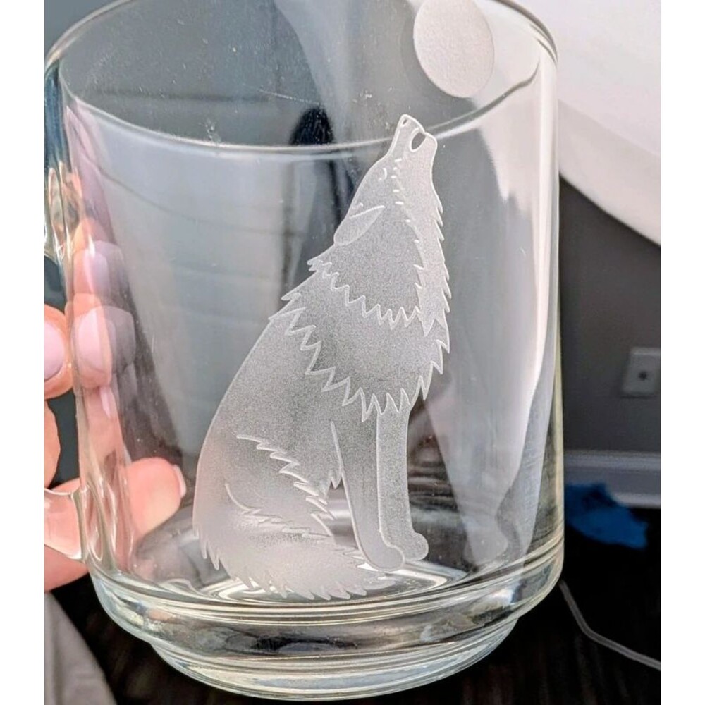 Vintage Colony Glass Hand Etched Wolf Howling Moon Tumbler cup Signed 1993